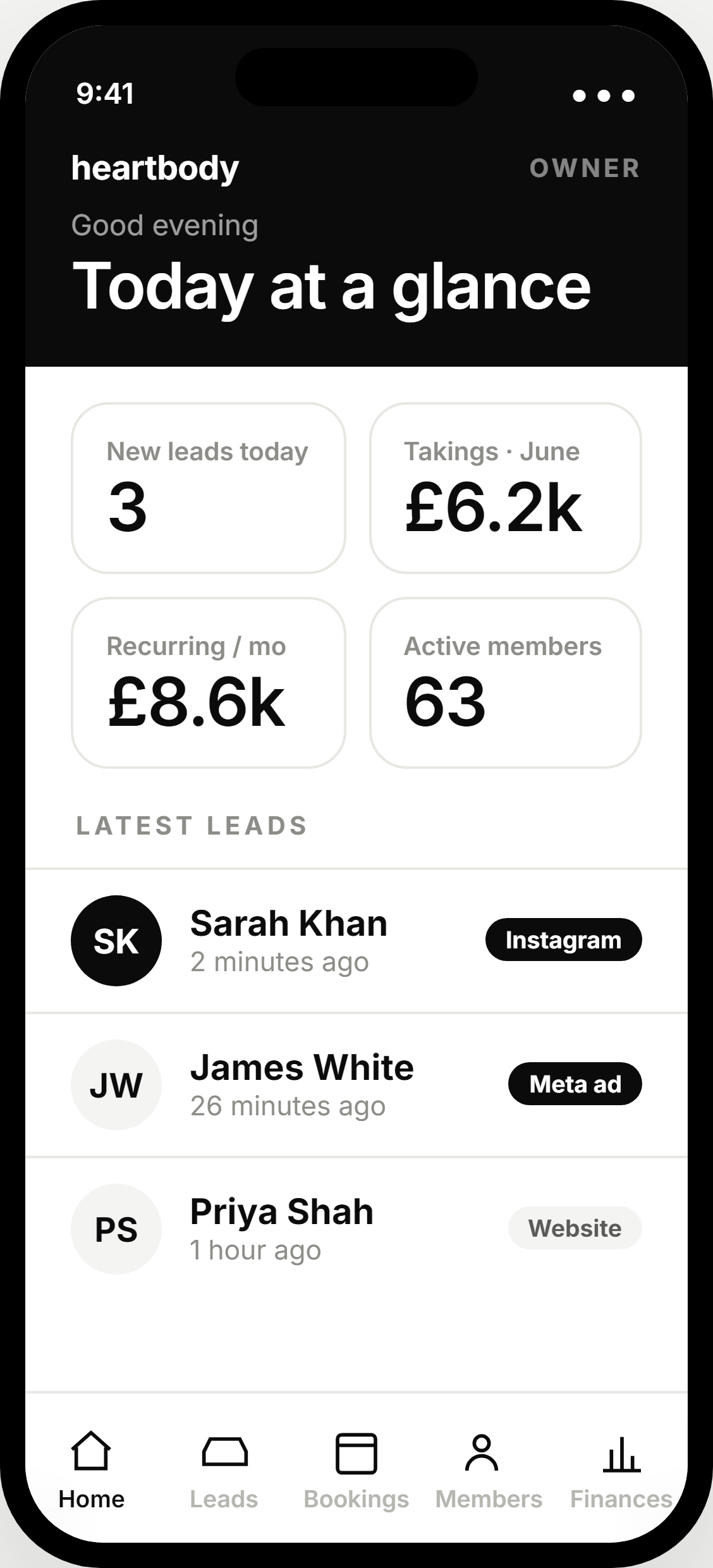 Owner business app showing the day at a glance